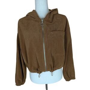 HYFVE Women’s Corduroy Hooded Zip Up Jacket, Cropped, Brown, Size Small